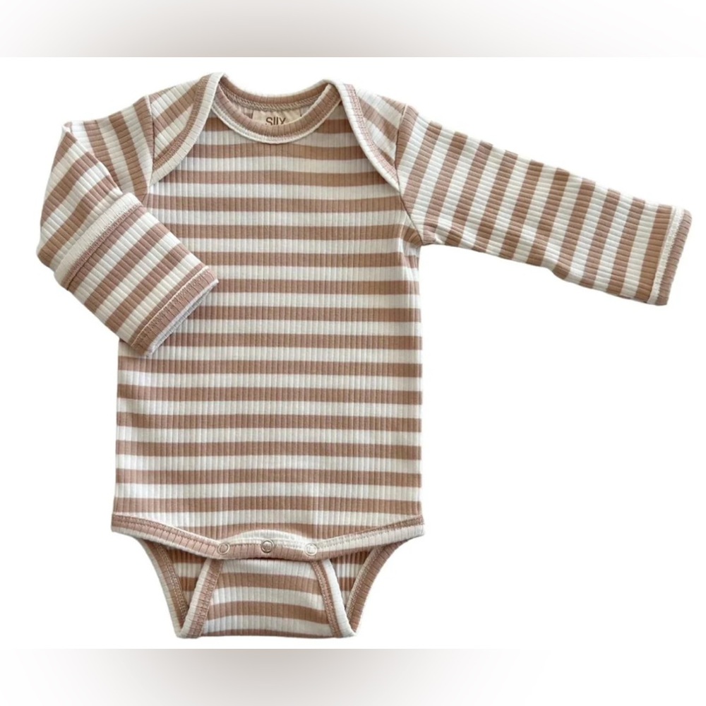 SIIX Organic Ribbed Long Sleeve Bodysuit Tan Stripe Convertible Hand Mitt
